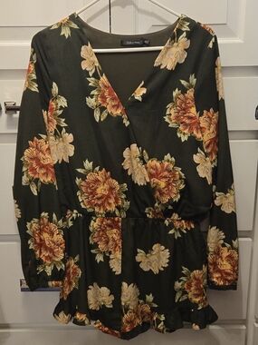 Doe & Rae Olive Green Floral Wrap Dress with Yellow Blooms
